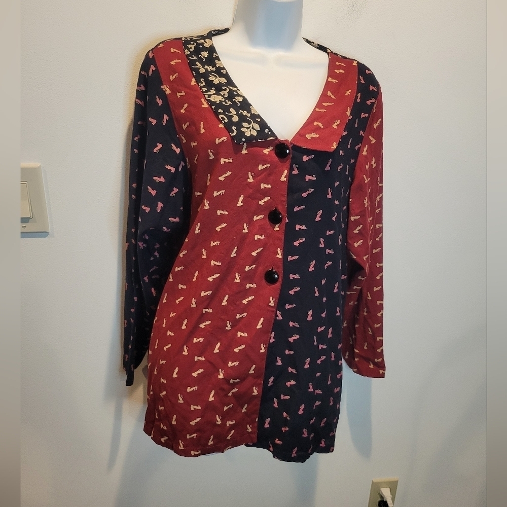 Vintage April Cornell Size S Artsy Shoe/floral Print Tunic Button Front Top